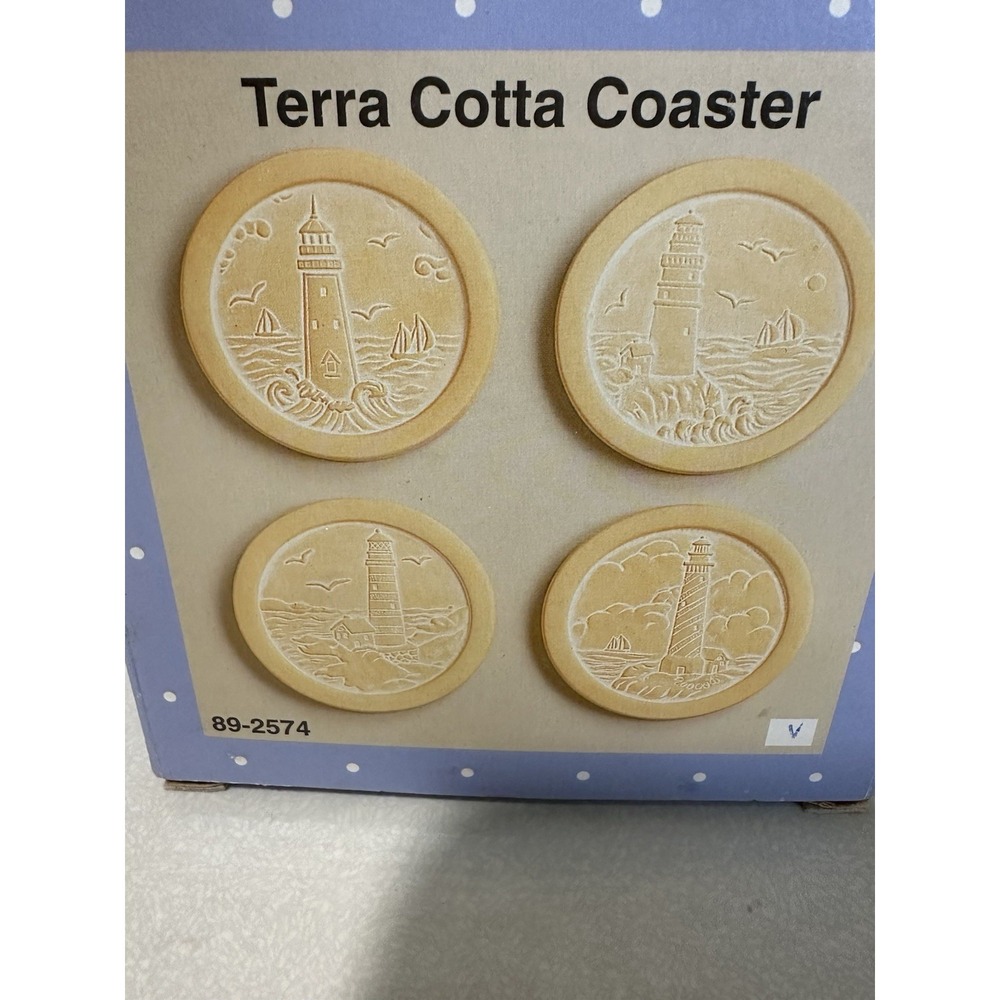 Terra Cotta Coasters Felt Bottom Set Of 4 Lighthouse New In Box Beach Cottage